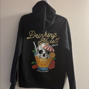 Black Graphic Hoodie with 'Drinking Myself to Death' Skull Cocktail Design